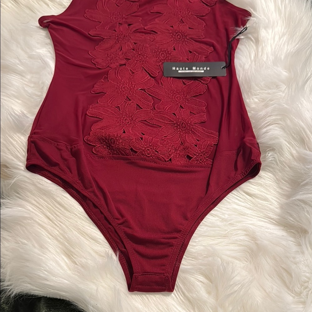 Haute Monde NWT L BURGUNDY LACE FLOWER APPLIQUÉ MESH SEXY BODYSUIT - Picture 4 of 8